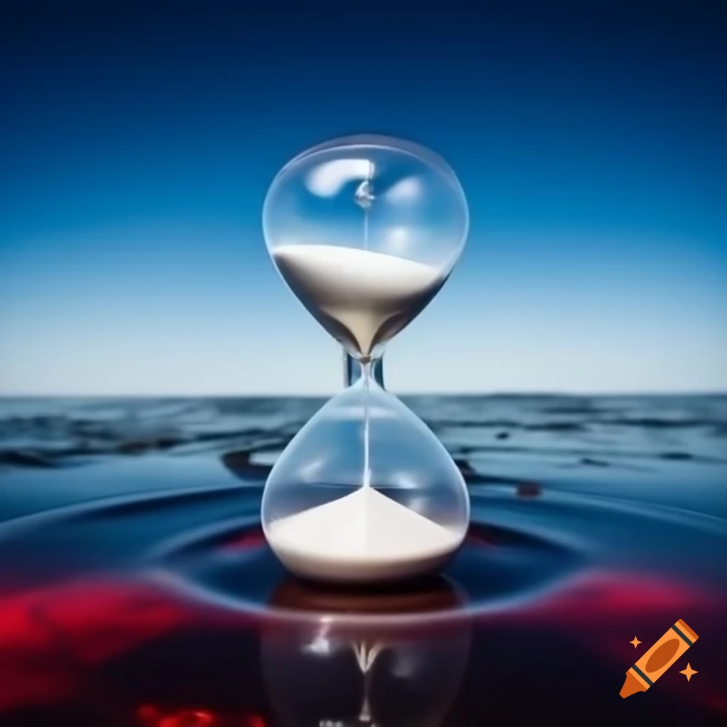 Hourglass frozen in ice with sand turning from white to blood red, Finnish blue background