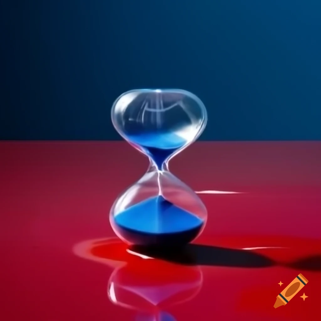 Hourglass frozen in ice with white to blood red gradient, resting on reflective surface