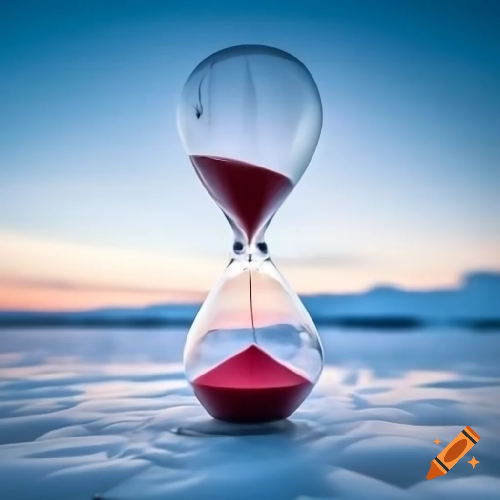 Hourglass frozen in ice with sand turning from white to blood red, captivating millions