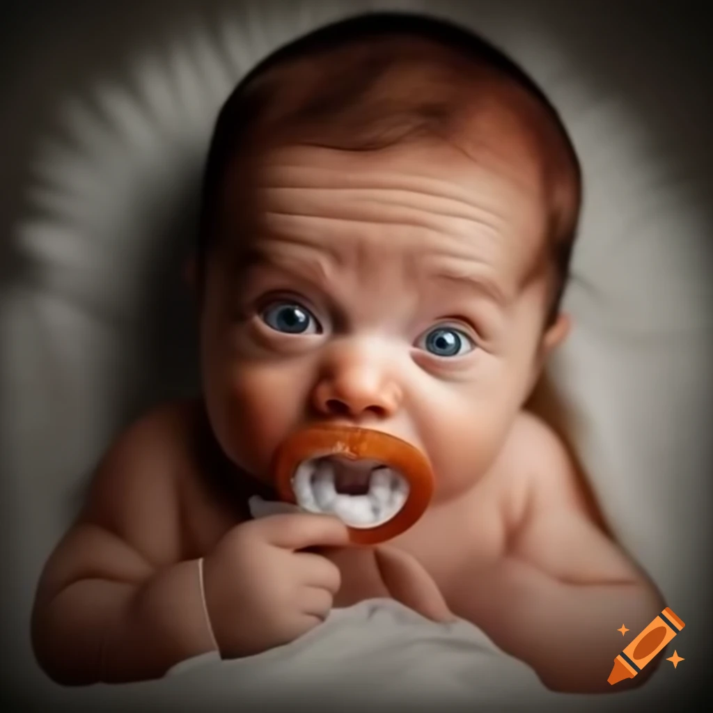 Realistic baby with pacifier appearing scared