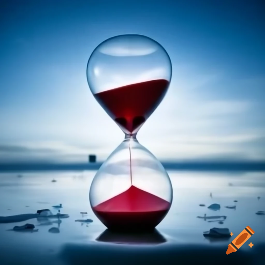 Hourglass with melting ice and red sand, Finland blue, attracting attention of many