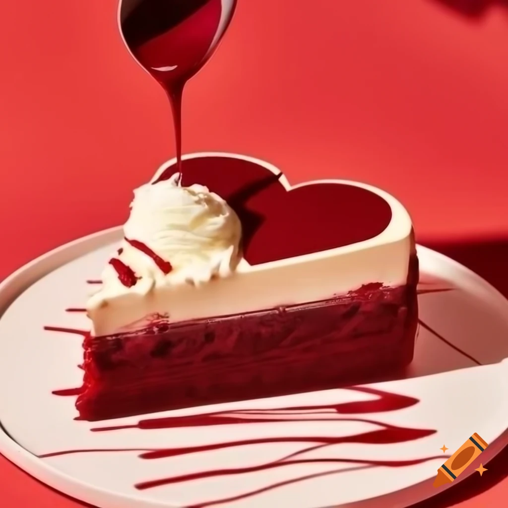 Melting heart-shaped red velvet cake with whipped cream and hot fudge