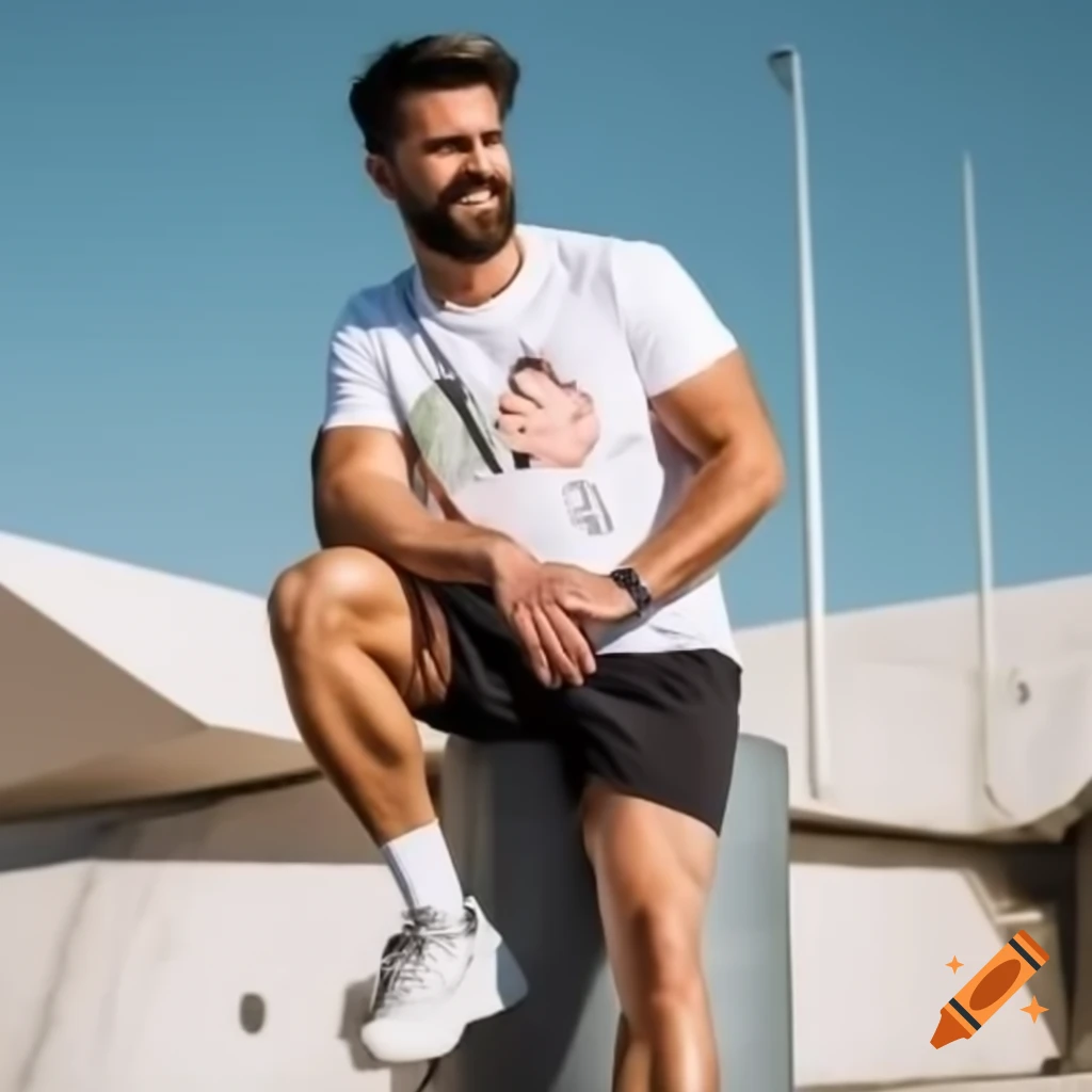Handsome athletic man with short dark brown hair and well-groomed beard, wearing a fitted white shirt