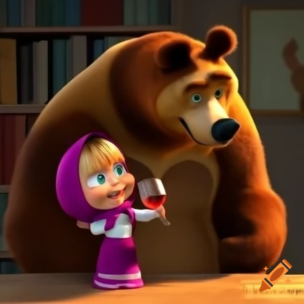 Masha from Masha and the Bear enjoying a glass of wine