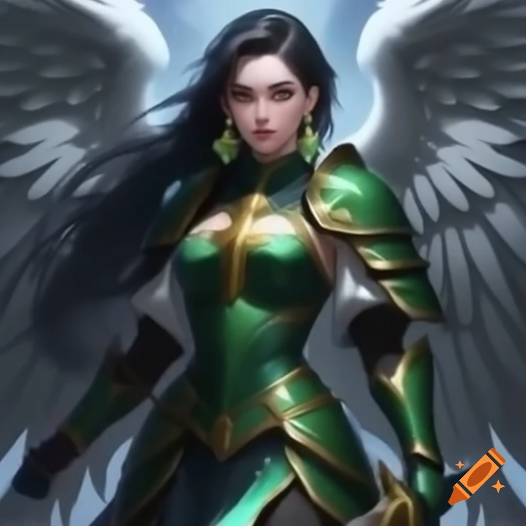 Character in dark green and gold armor with angel wings, holding a sword and shield