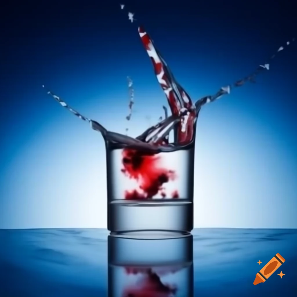 Shattered glass of water with blood red Finland and stormy blue background