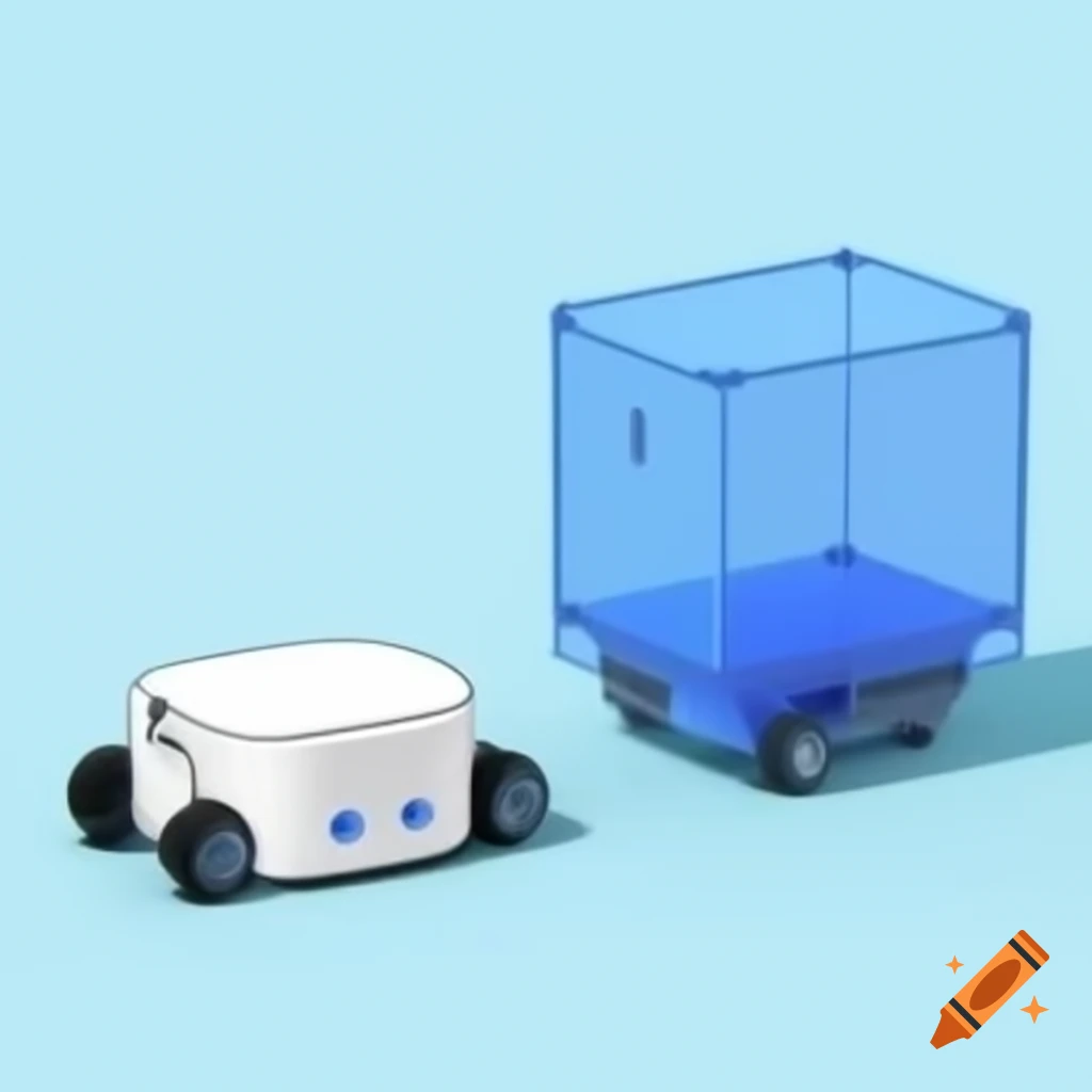 Flat cuboid device with wheels, two sets of shredders, and clear light blue container
