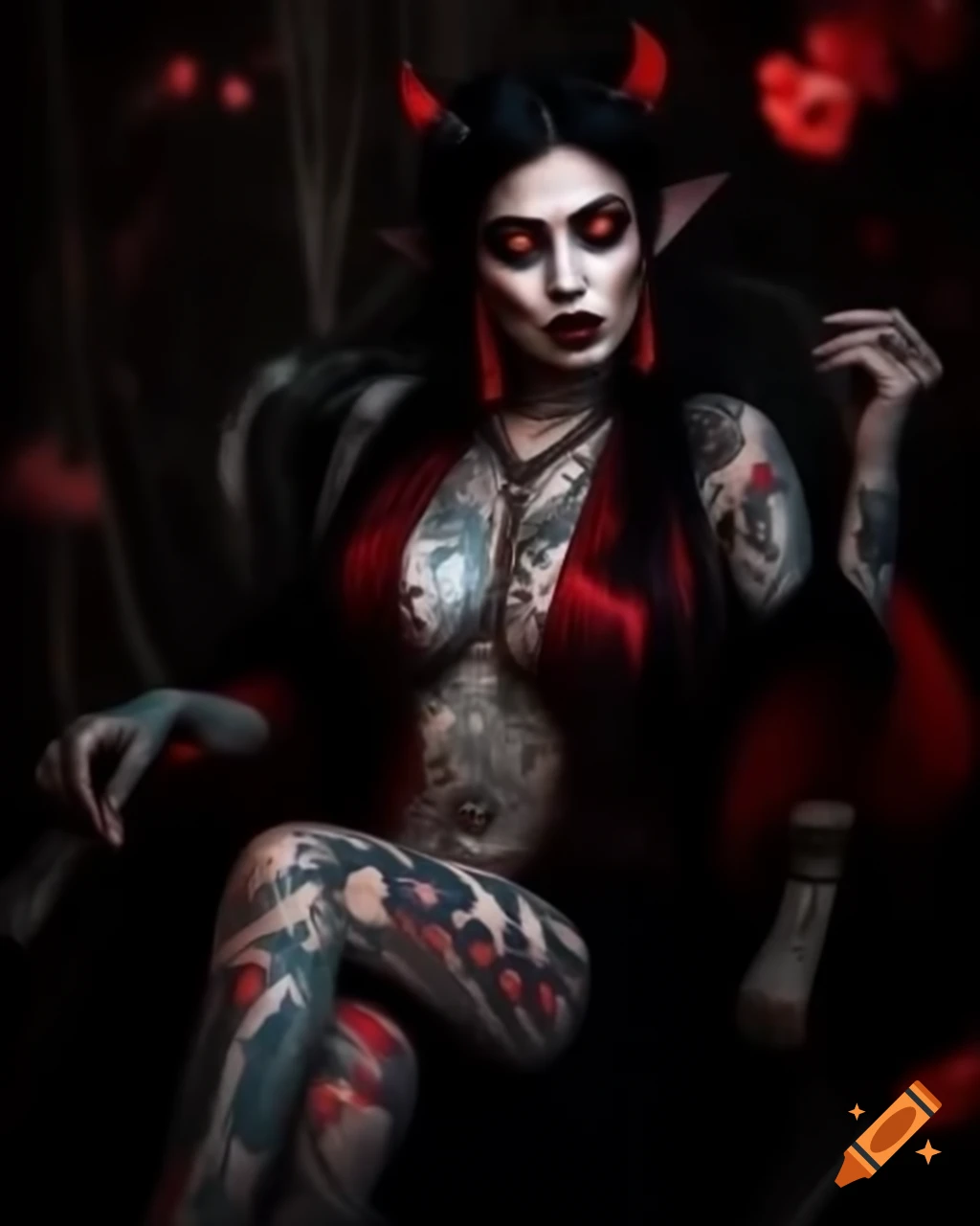 Tattooed vampire woman with red eyes and small horns in moonlit forest