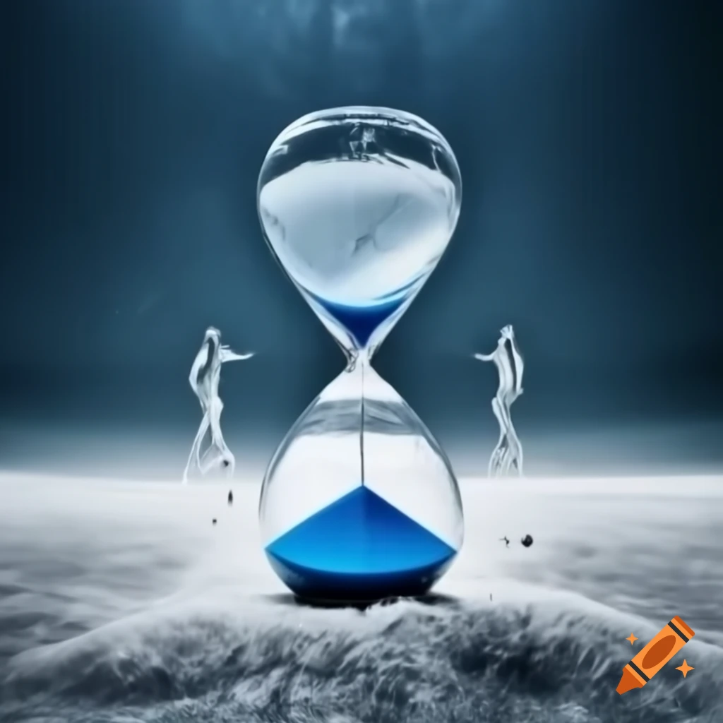 Hourglass frozen in ice with sand turning from white to blood red, captivating millions