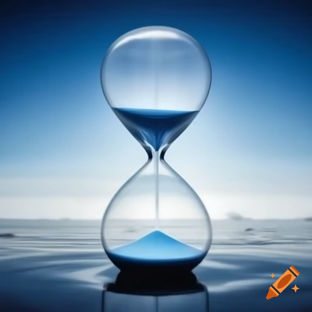 Hourglass frozen in ice with red sand transitioning from white, crowds observing