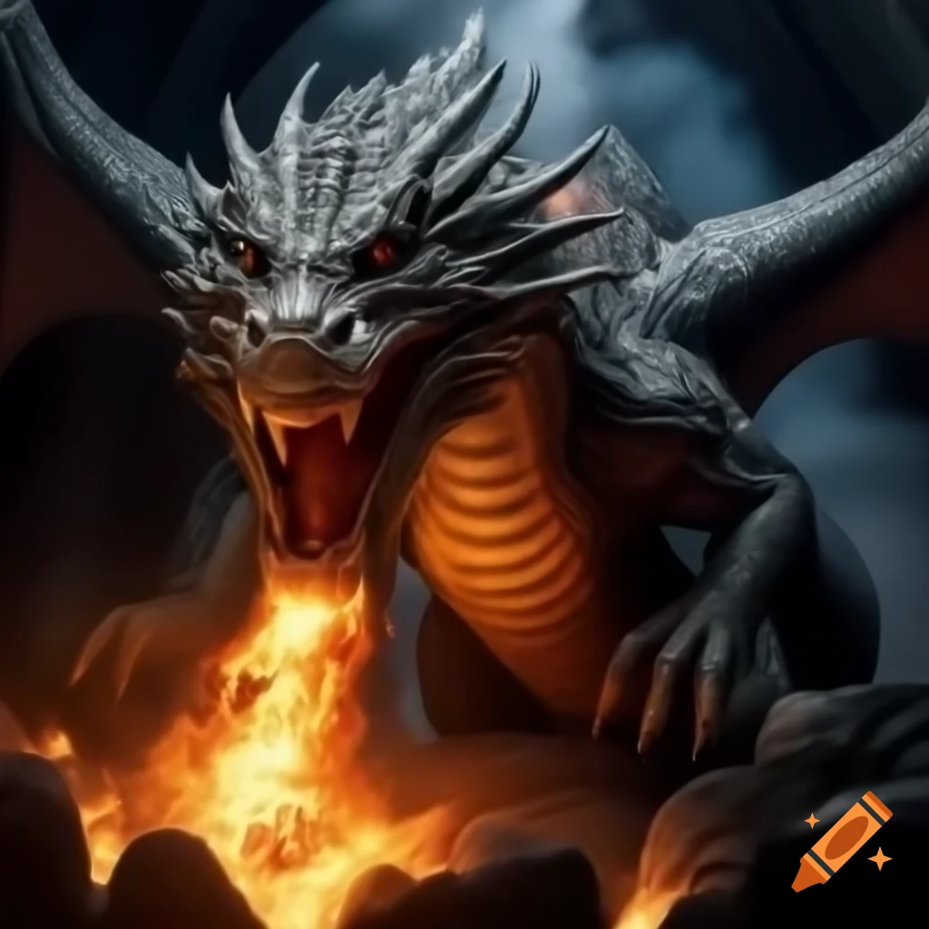 Gigantic dragon breathing fire inside a cave