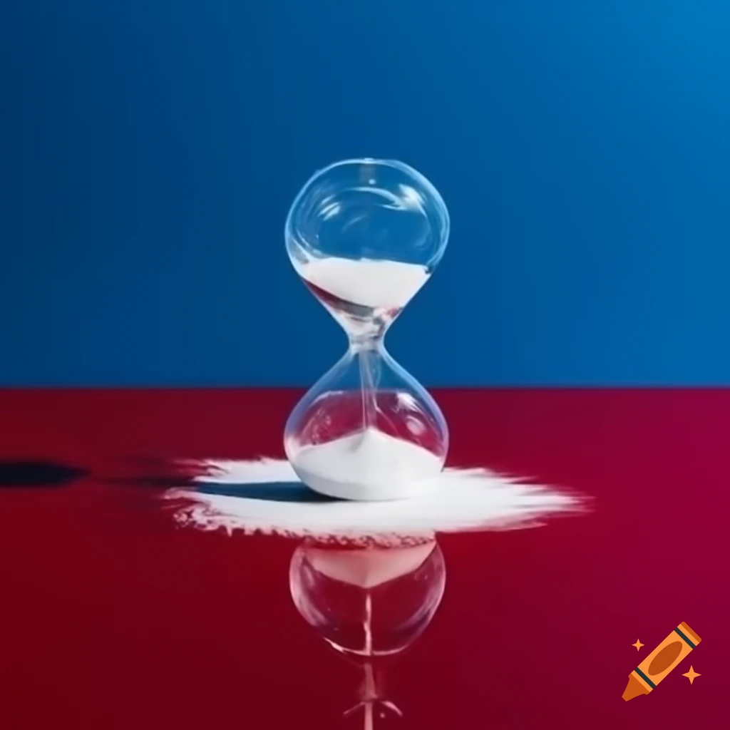 Hourglass with ice, white to blood red gradient, on reflective surface