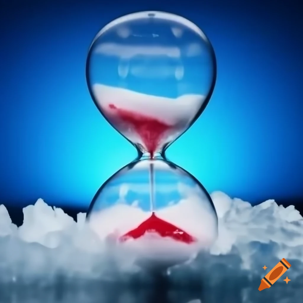 Hourglass with sand transforming from white to blood red in ice, Finland blue details