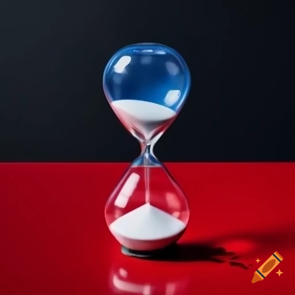 Hourglass with ice and blood red transition, resting on reflective surface