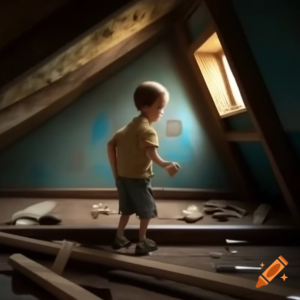 Boy exploring attic discovers old dusty camera