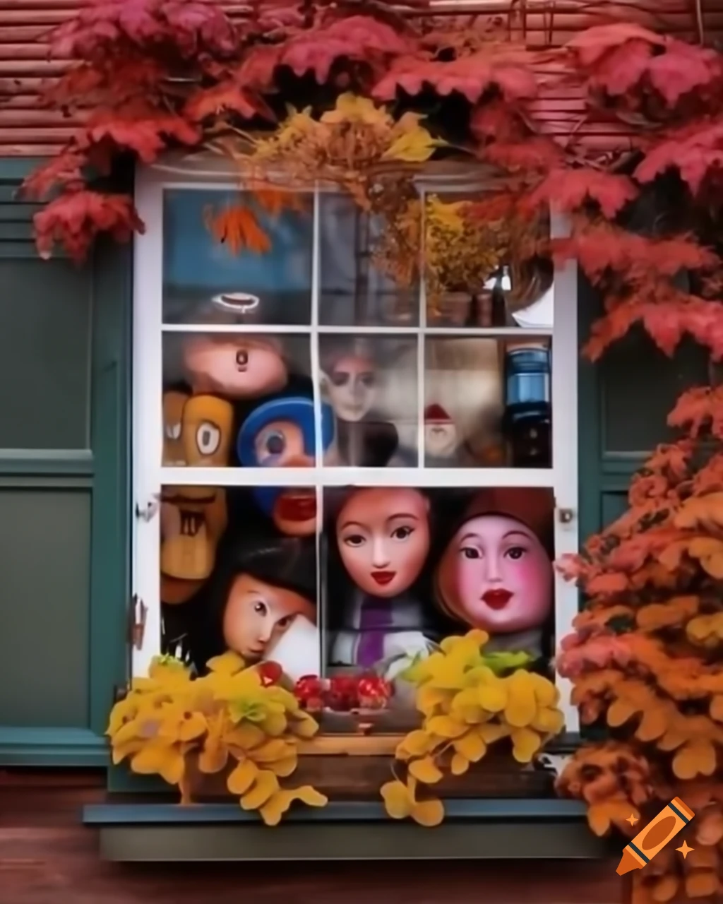 Autumn town with colorful foliage and expressive faces in windows