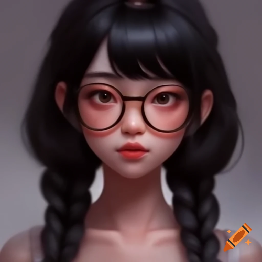 Beautiful Japanese woman with long wavy black hair and eyeglasses in a ...