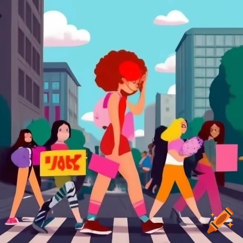 Modern feminist girl marching in city protest, cartoon style