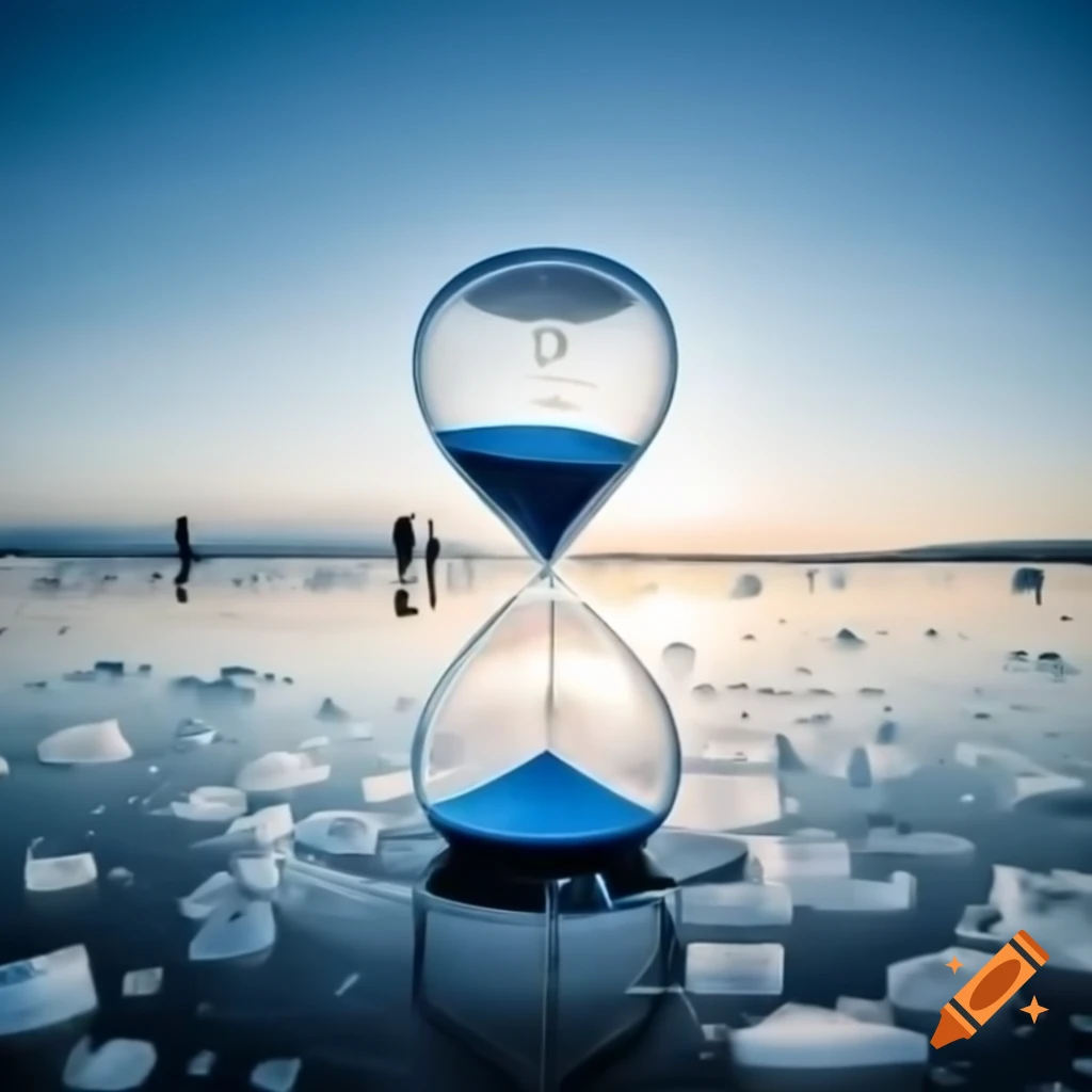Hourglass running out of time with melting ice and red sand, blue background