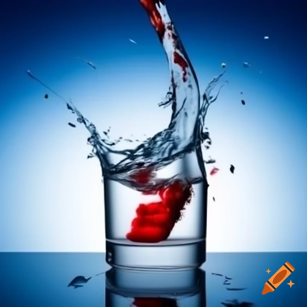 Exploding glass of water with blood red elements against blue ...