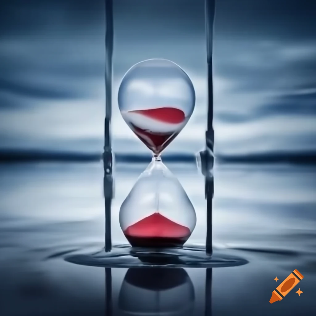 Hourglass running out of time with melting ice and red sand, blue background