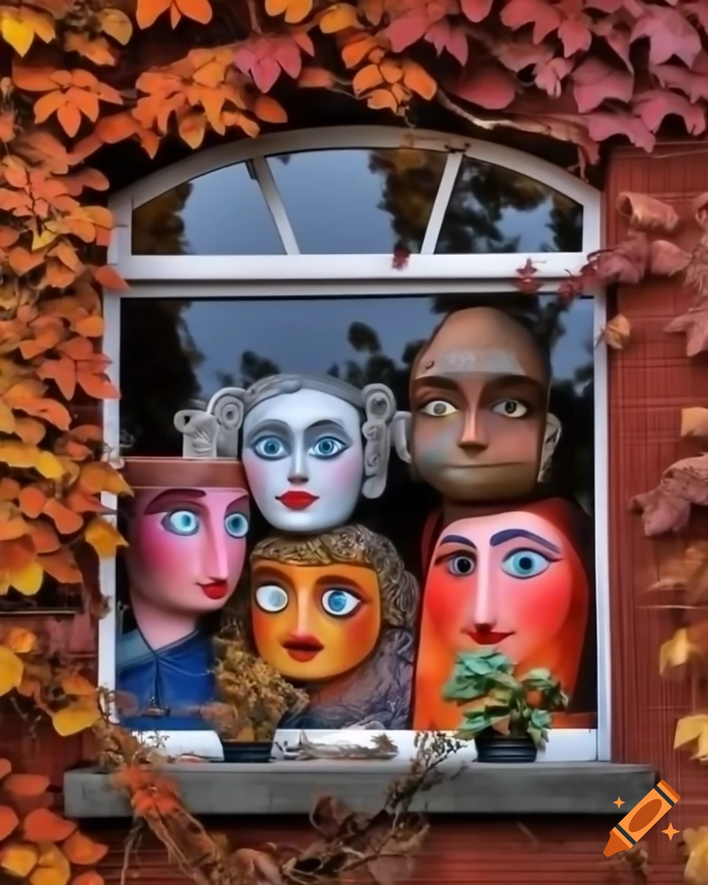Autumn town with colorful foliage and expressive faces in windows