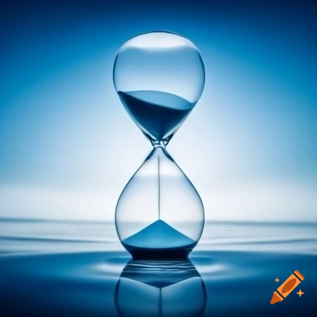 Hourglass running out of time with melting ice and red sand, blue background