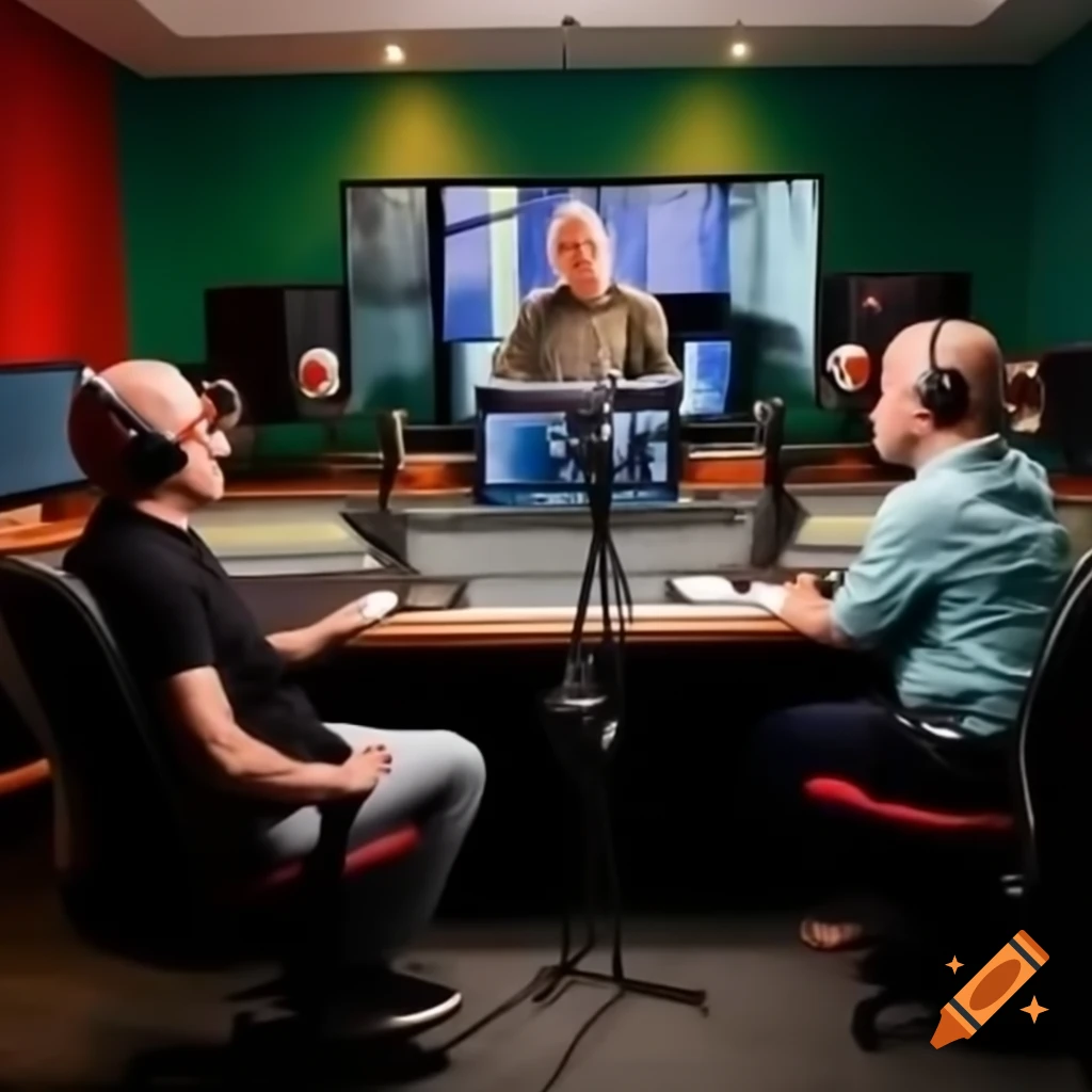 Podcast hosts discussing mould making in studio setup with microphones and computer
