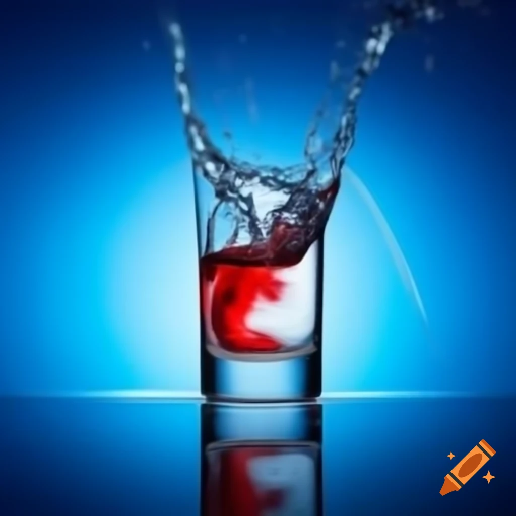 Exploding glass of water with red and blue stormy background on Craiyon