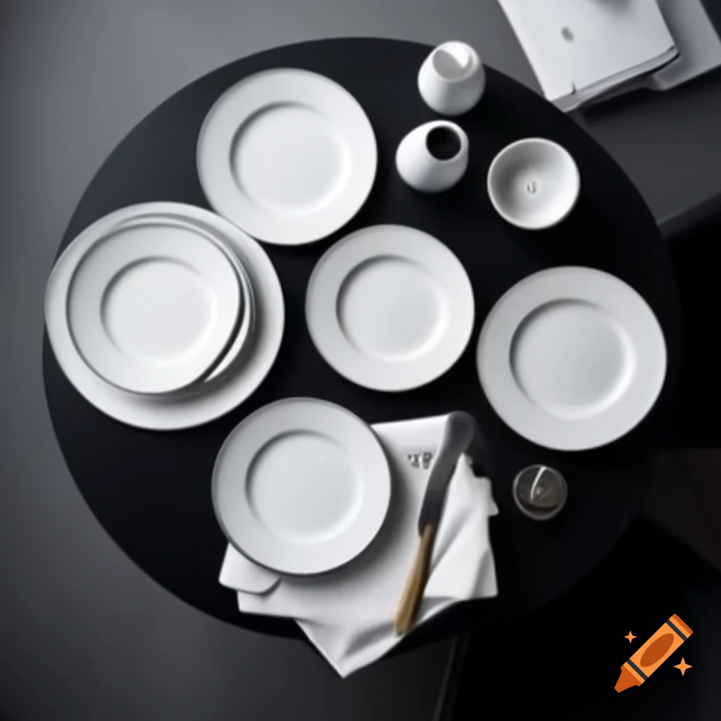 Top view of empty white dinner plates on black table