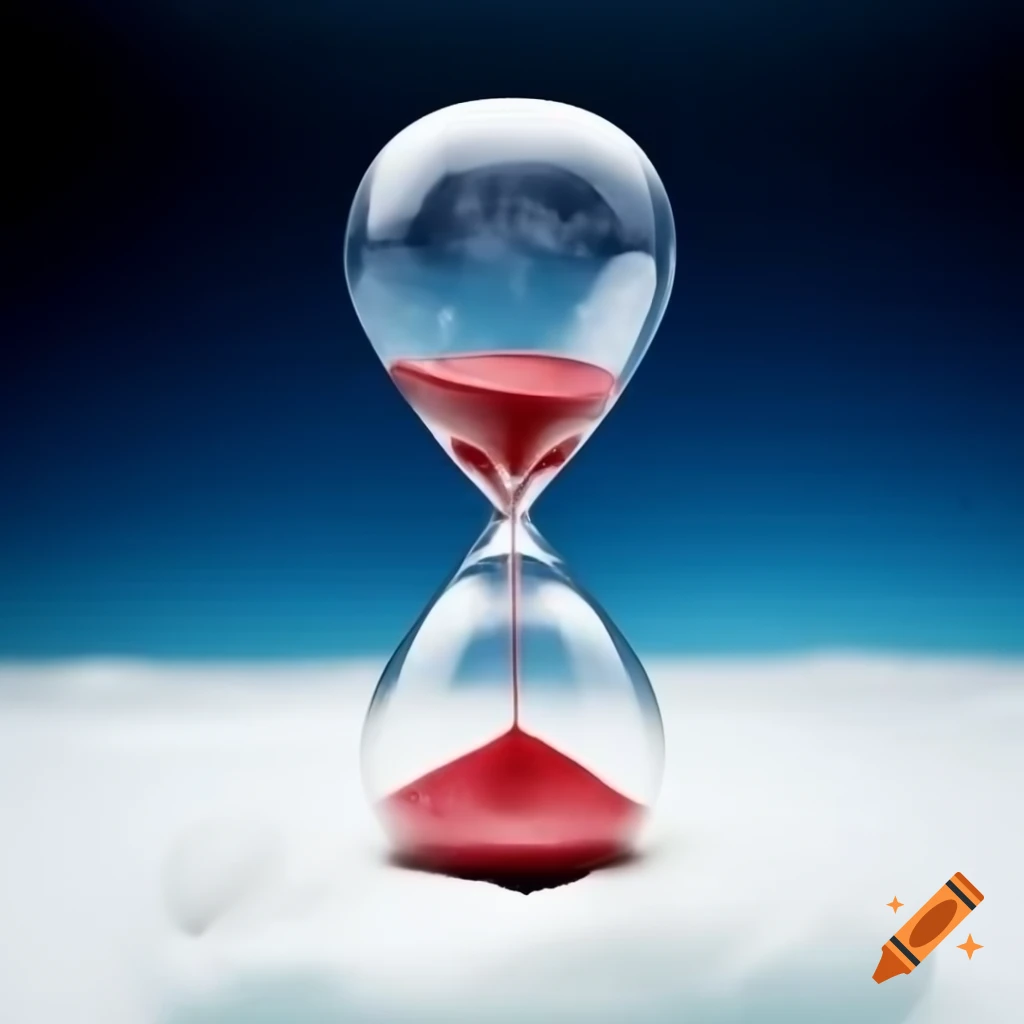 Hourglass with melting ice and red sand revealing hidden skeletons in snow
