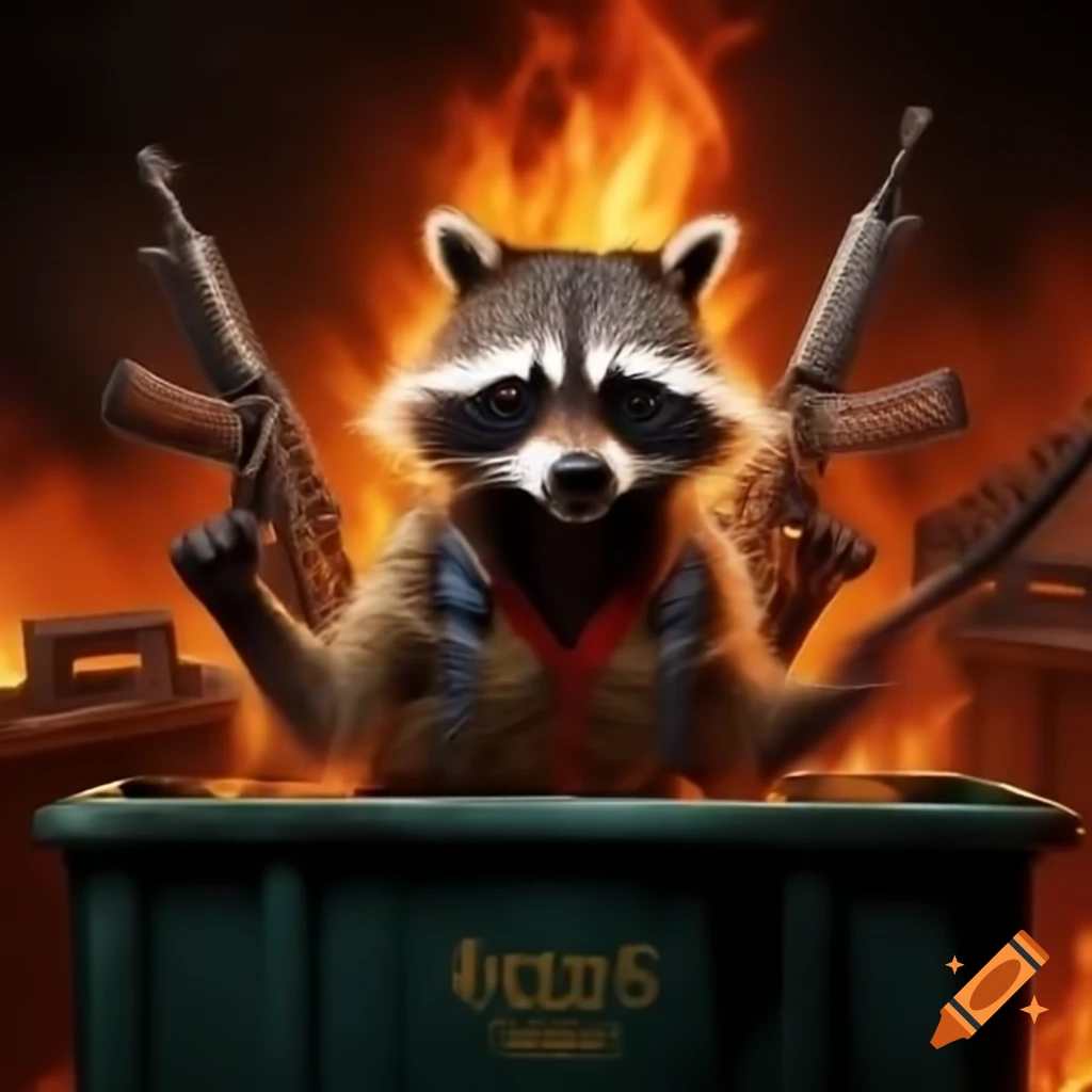 Aggressive raccoon defending dumpster fire with weapons on Craiyon