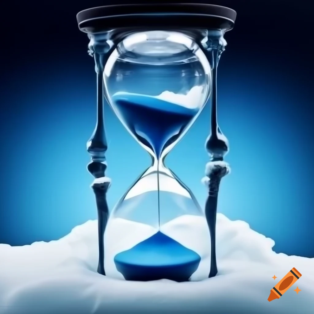 Hourglass with melting ice and red sand revealing hidden skeletons in snow