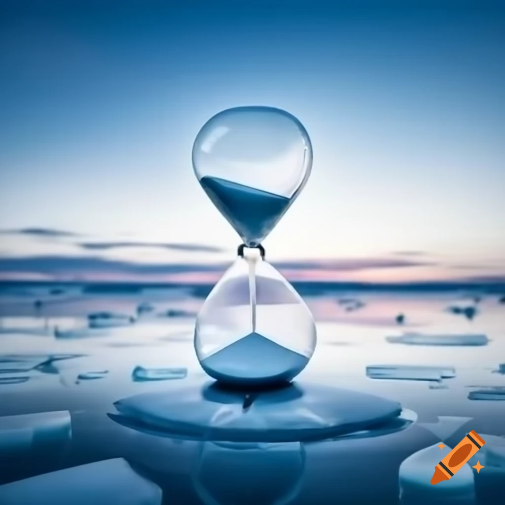 Hourglass with melting ice and sand turning red, Finland blue background, crowd watching