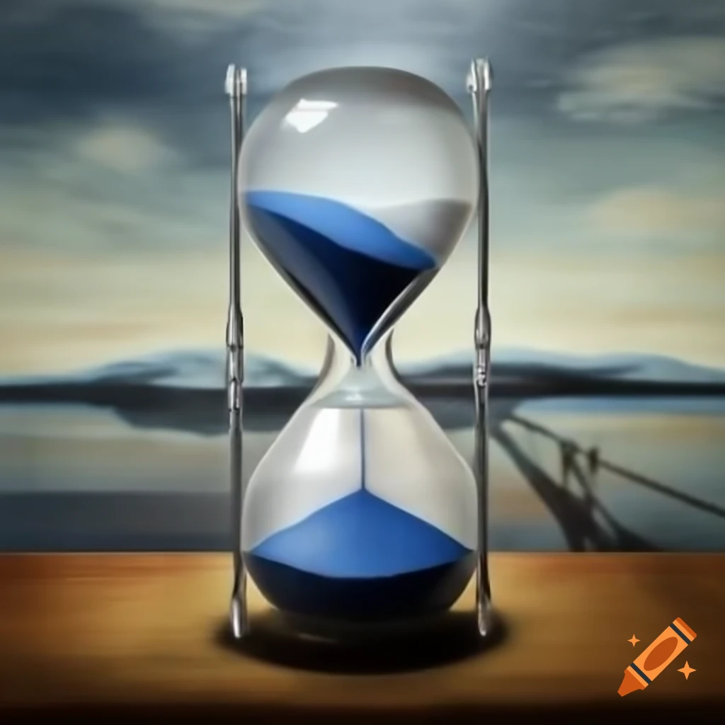 Broken hourglass symbolizing passage of time with blue and white mist, Finnish flag, sand turning to red
