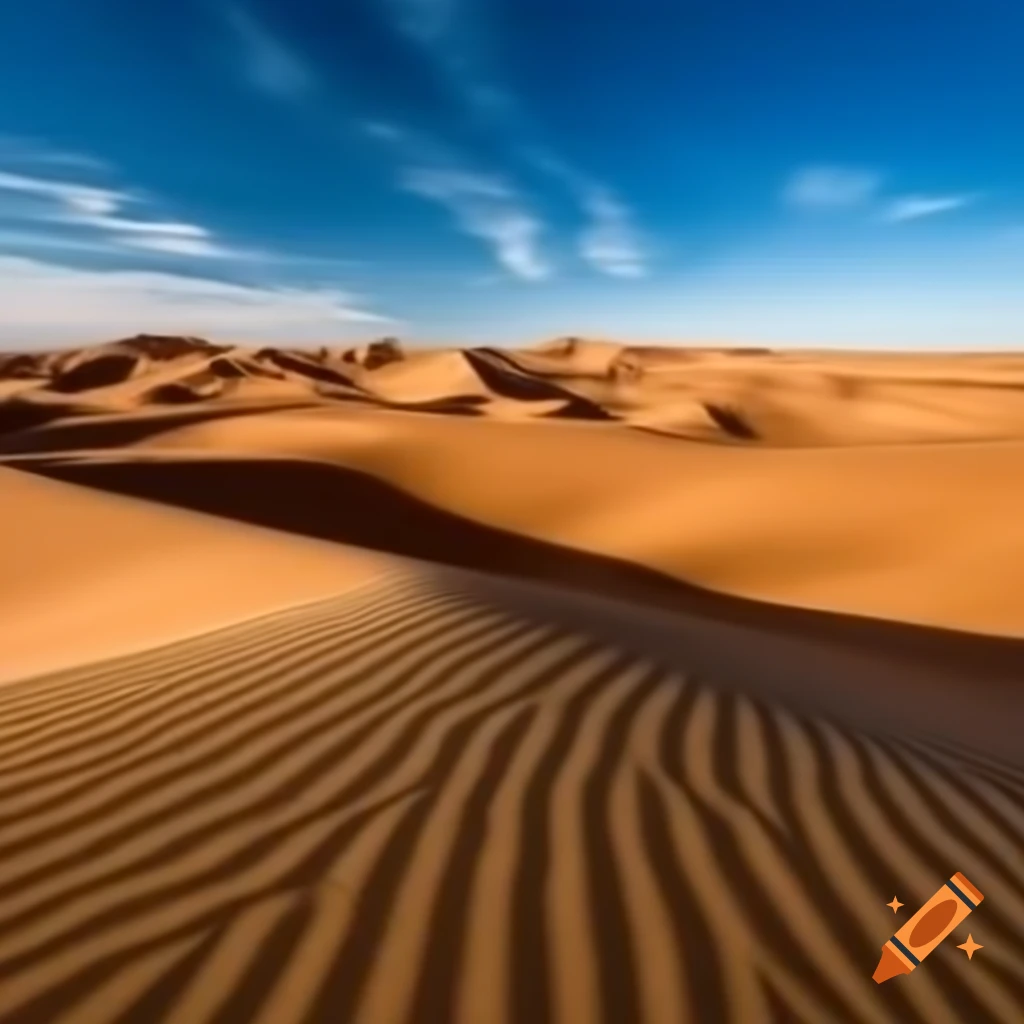 Vast desert landscape with golden sand dunes and clear blue sky on Craiyon