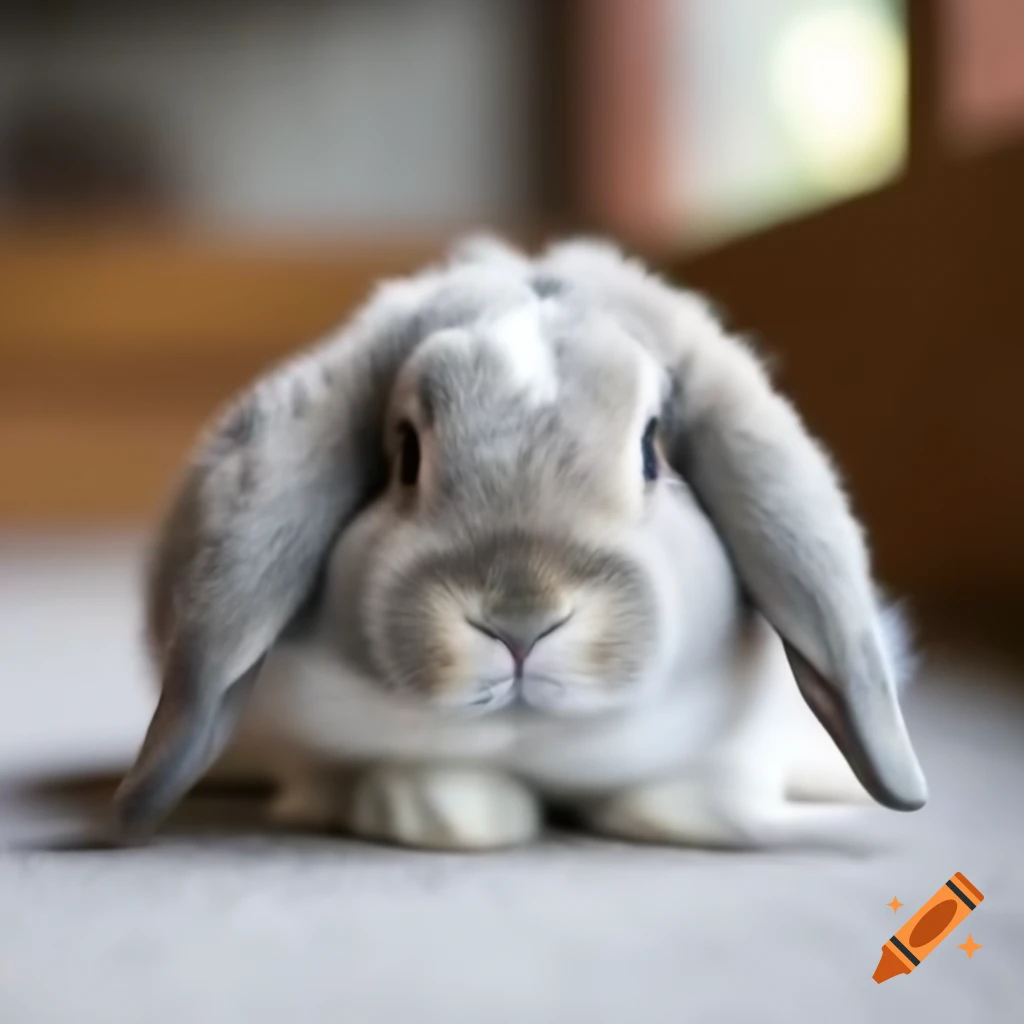 Grey and white Dutch Lop rabbit lounging on grey floor with soft lighting