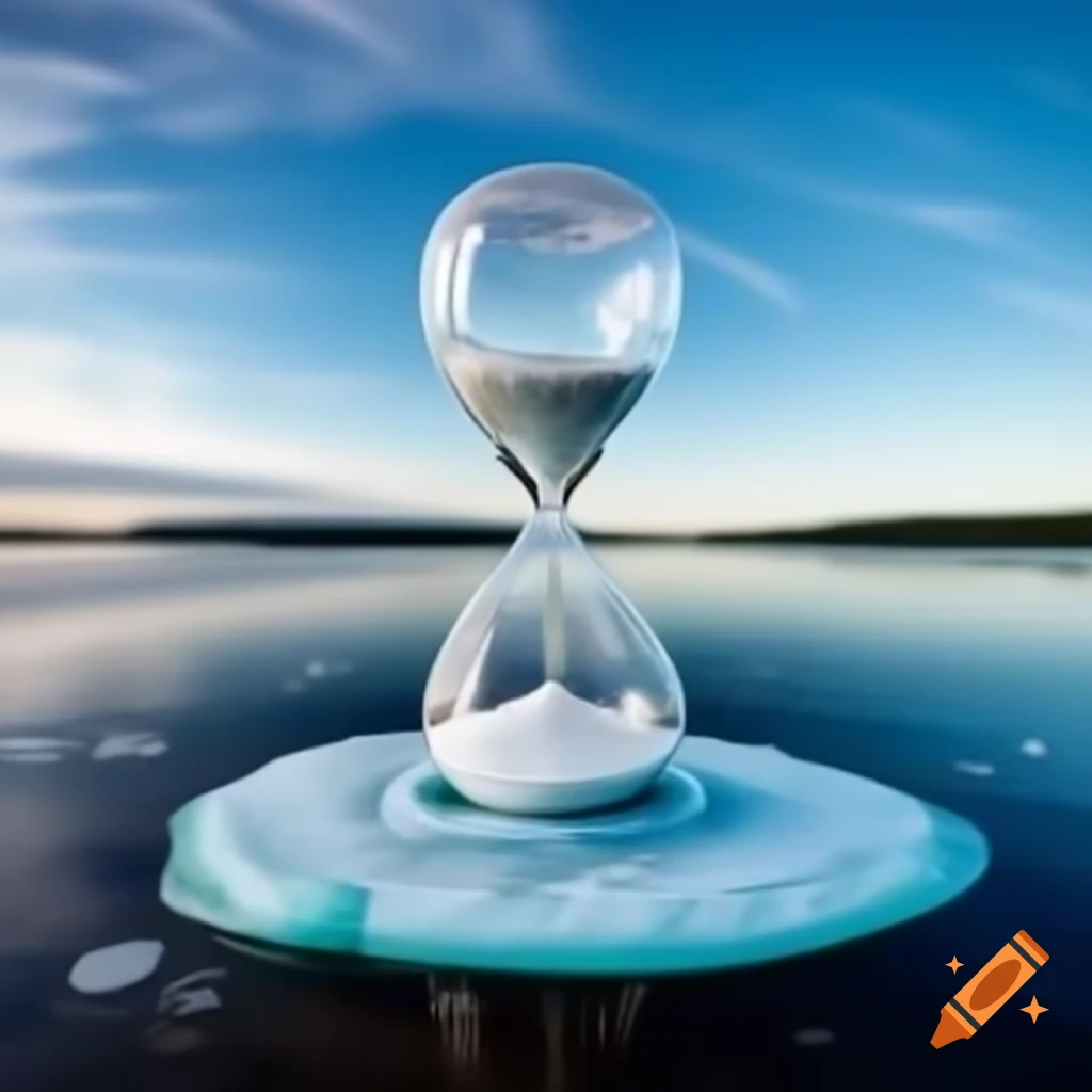Hourglass running out of time with melting ice and red sand, blue background
