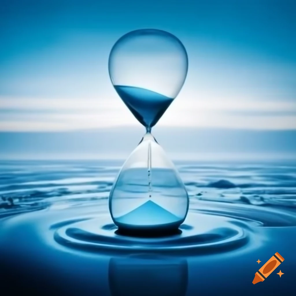 Hourglass running out of time with melting ice and red sand, blue background