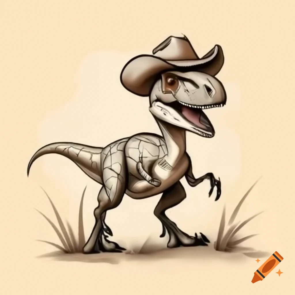 Sketch of velociraptor wearing cowboy hat hiding in grass on Craiyon, image size:1024x1024