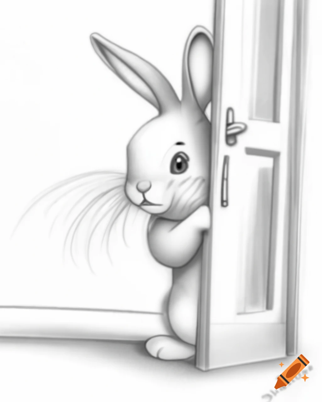 Cartoon-style bunny rabbit peeking from behind a door, colored pencil illustration