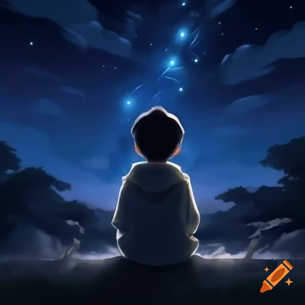 Silhouette of boy gazing at starry night sky on Craiyon