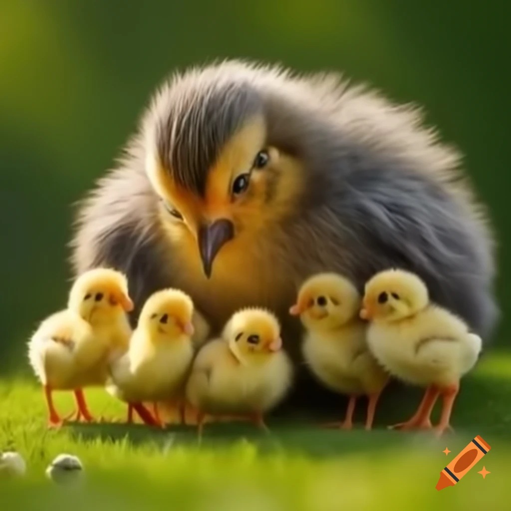 Small colorful chicks feeding in a green garden