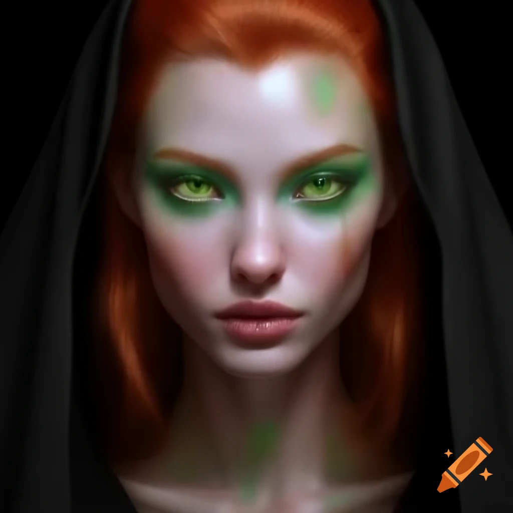 Gorgeous woman with red hair and green eyes in a long black robe on Craiyon