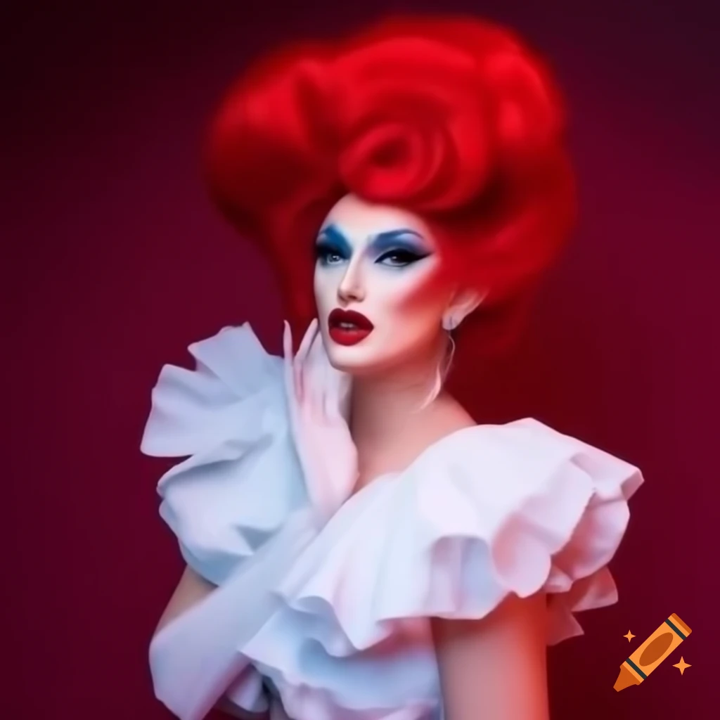 Red, white, and blue themed look of a drag queen in a ruffled dress with cherry fascinator