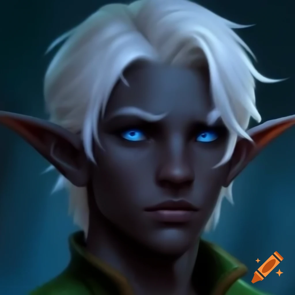 Young male wizard with white hair, blue eyes, dark skin, and short elf ears