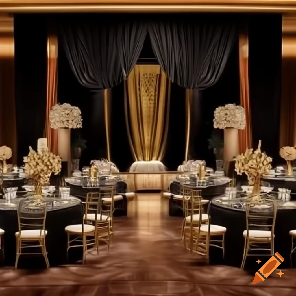 Luxurious wedding hall decorated in black and gold theme with raised stage