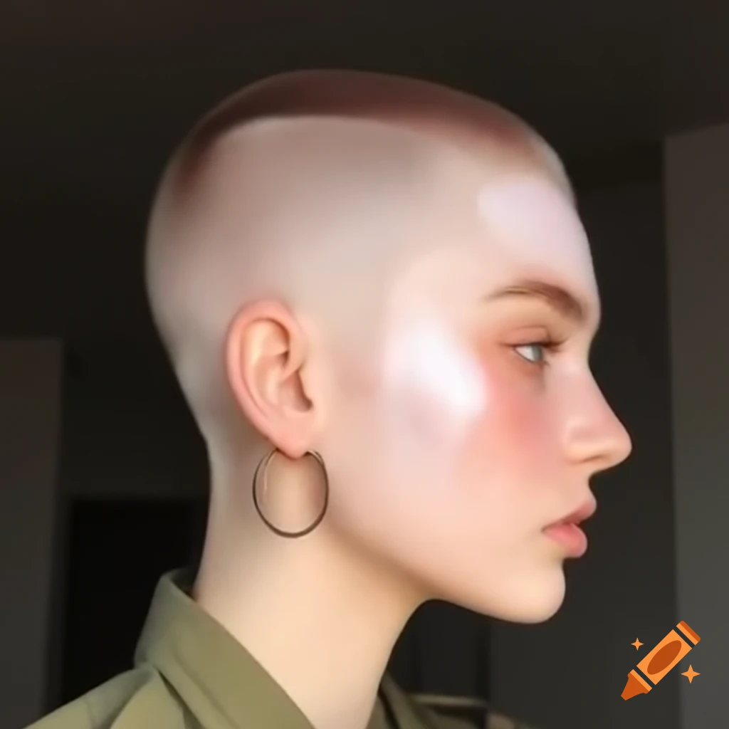 Young woman with military flattop haircut and hoop earrings