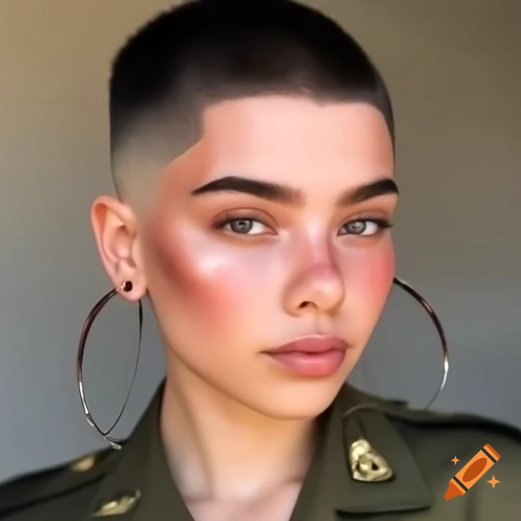 Young woman with military flattop haircut and hoop earrings