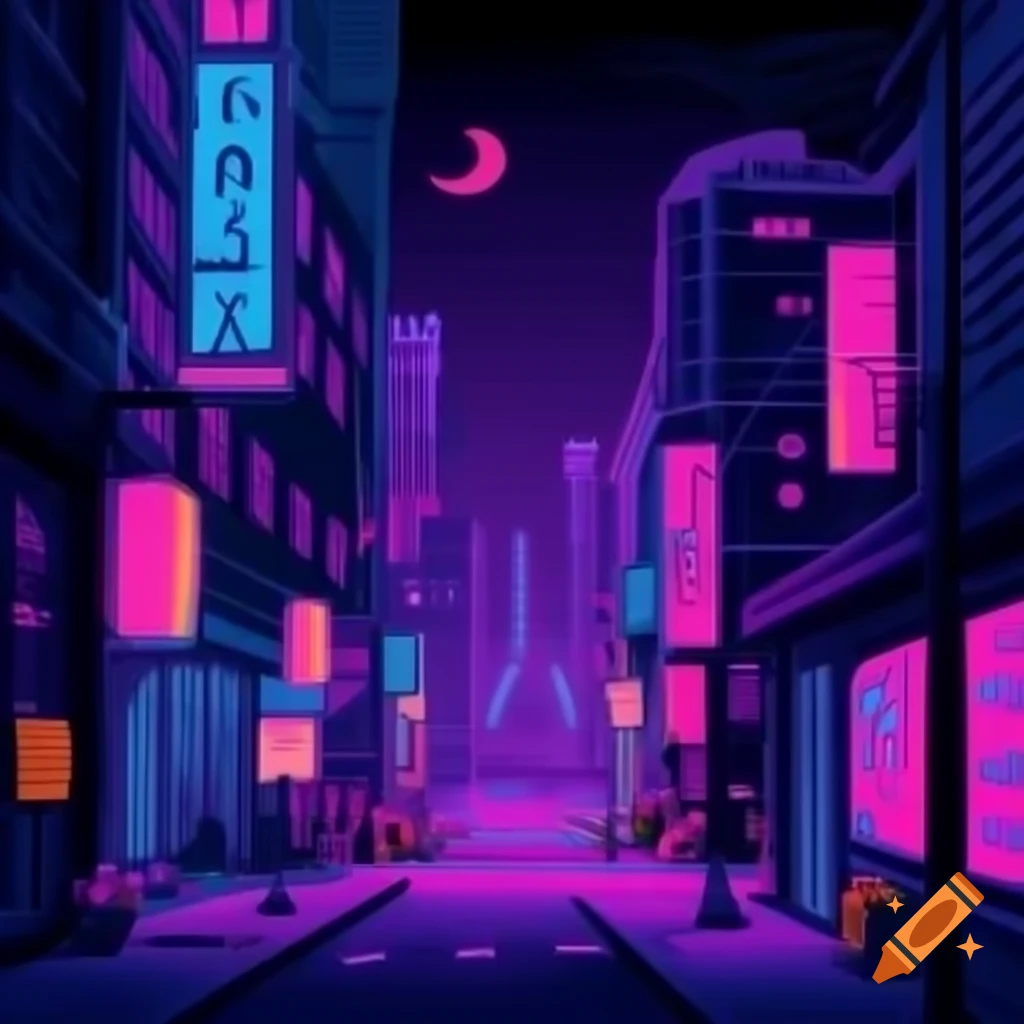 Vibrant cyberpunk city at night with neon lights in purple and blue
